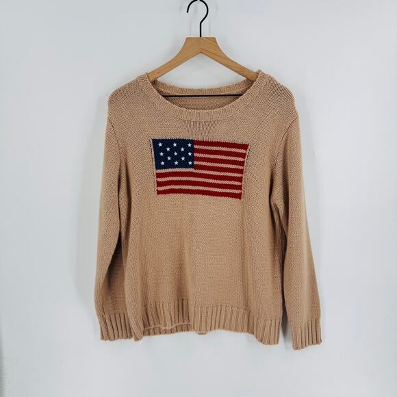 H&M Tan Knit Sweater American Flag Pullover Patriotic USA Top Size Small - Picture 1 of 6